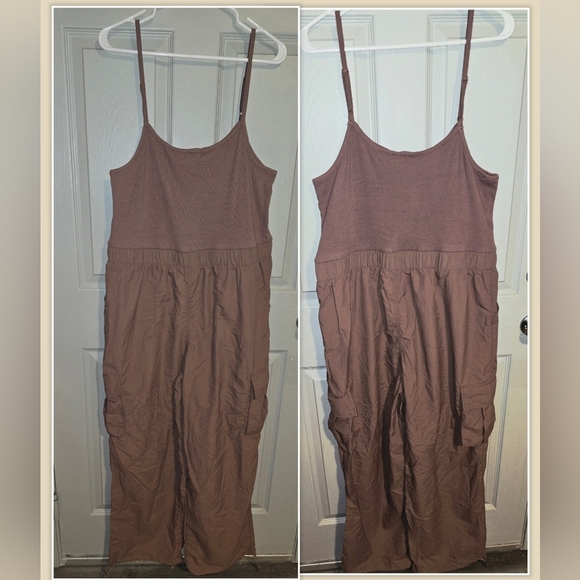 No Boundaries Dusty Rose Mauve Cargo Jumpsuit Wide Leg Mixed Media Junior's XL - Picture 2 of 8